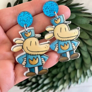 Brand new acrylic DogMan book inspired teacher librarian dangle earrings